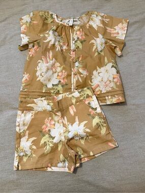 Janie and Jack Iced Latte Cotton Floral Canvas Short and Pintuck Button Top 4T